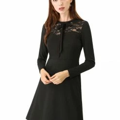Allegra K Tie Neck Lace Panel Long Sleeve A--line Dress