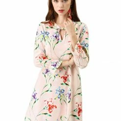 Allegra K Tie V Neck Bell Sleeves Floral Print A-Line Dress Women