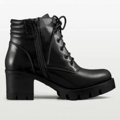 Allegra K Shoes Women's Chunky Heel Lace Up Zipper Combat Boots