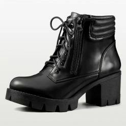 Allegra K Shoes Women's Chunky Heel Lace Up Zipper Combat Boots