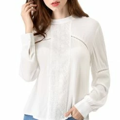 Allegra K Women's Embroidery Floral Peasant Blouse Crew Neck Boho Shirts Tops