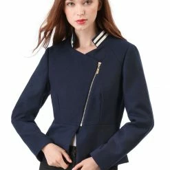 Women Allegra K Contrast Collar Zip Up Lightweight Biker Jacket