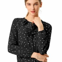 Allegra K Ruffle Neck Vintage Polka Dots Long Sleeve Blouse Clothing