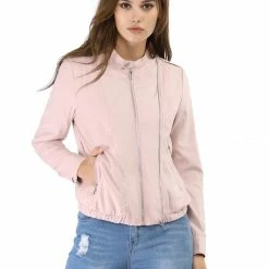 Women Allegra K Stand Collar Lightweight Biker Jacket