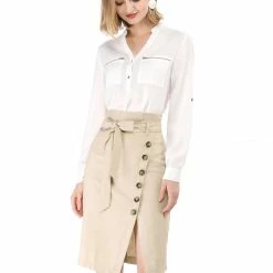 Allegra K Women's Button Decor Split Belted Smocked Vintage Short Pencil Skirt