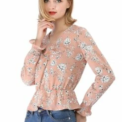 Allegra K Floral Ruched V Neck Smock Sleeve Peplum Blouse
