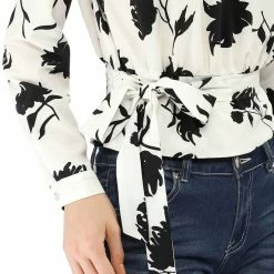 Allegra K Choker V Neck Tie Waist Floral Long Sleeves Tops