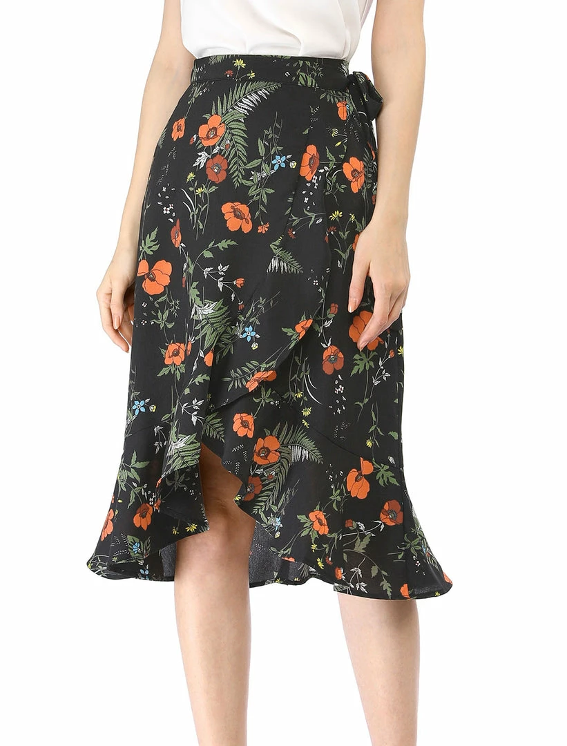 Allegra K Women Ruffle Skirt Tie Waist High Low Floral Wrap Skirt 3 Allegra K Women Ruffle Skirt Tie Waist High Low Floral Wrap Skirt