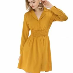 Allegra K Notched Lapel Buttons Smocked Waist Dress