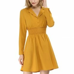 Allegra K Notched Lapel Buttons Smocked Waist Dress