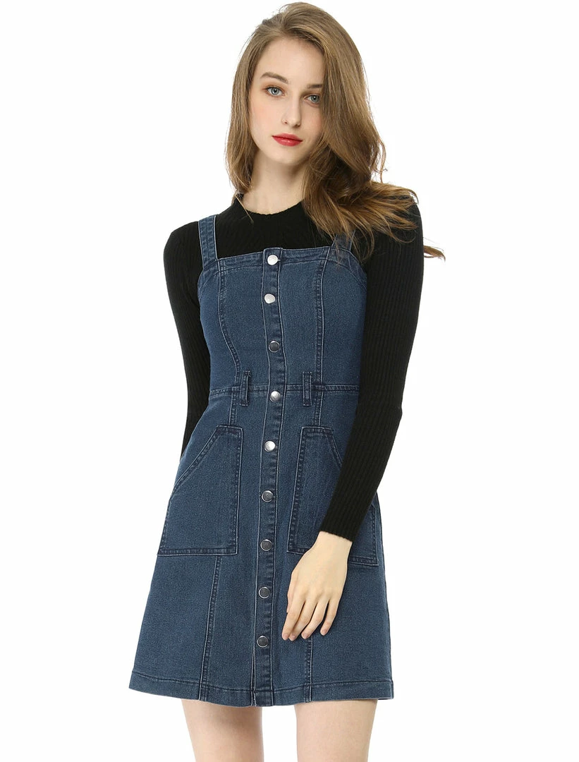 Women Allegra K Classic Adjustable Strap A-Line Overall Denim Dress 4 Women Allegra K Classic Adjustable Strap A-Line Overall Denim Dress