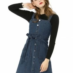 Women Allegra K Classic Adjustable Strap A-Line Overall Denim Dress 52 Women Allegra K Classic Adjustable Strap A-Line Overall Denim Dress