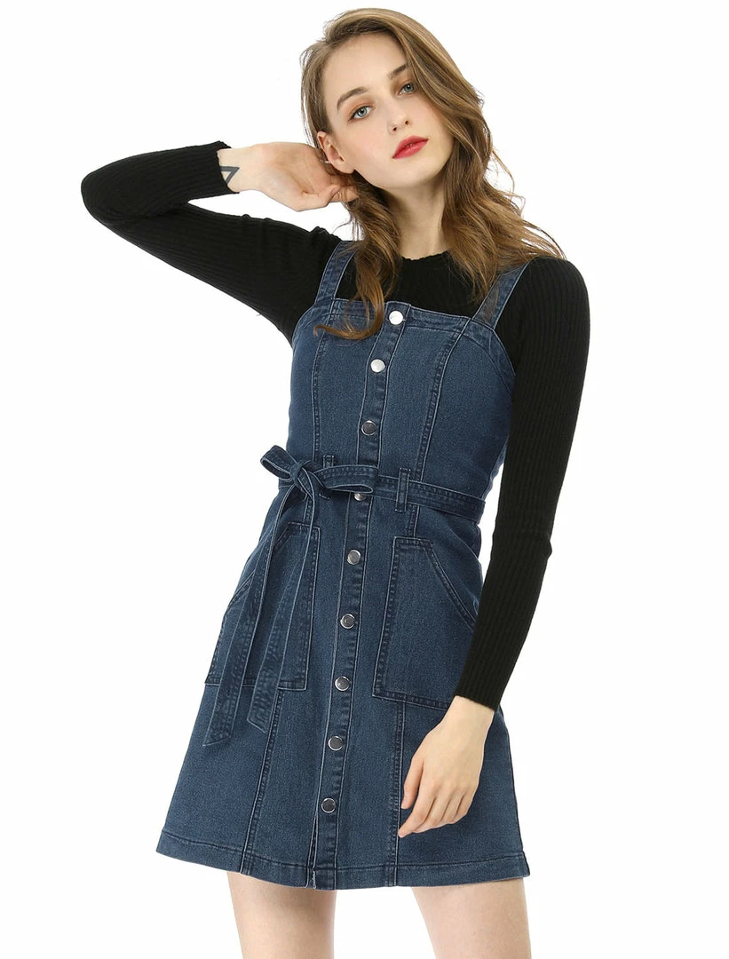 Women Allegra K Classic Adjustable Strap A-Line Overall Denim Dress 5 Women Allegra K Classic Adjustable Strap A-Line Overall Denim Dress