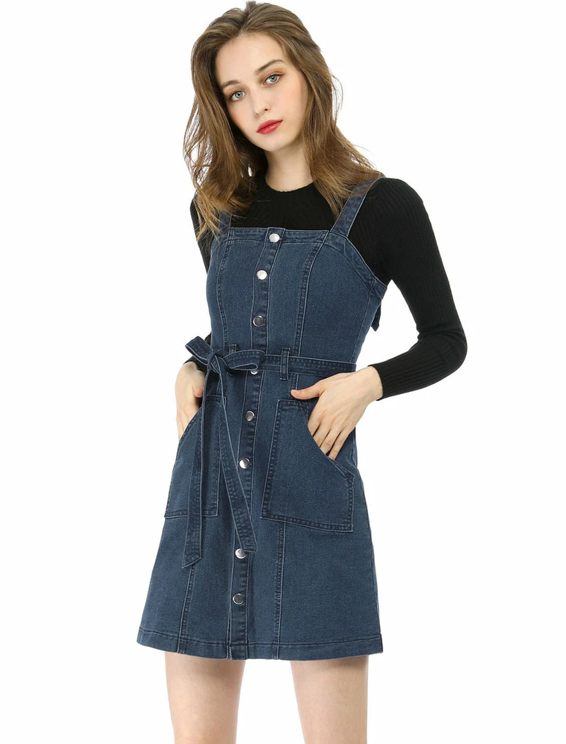 Women Allegra K Classic Adjustable Strap A-Line Overall Denim Dress 3 Women Allegra K Classic Adjustable Strap A-Line Overall Denim Dress
