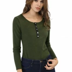 Allegra K Long Sleeves Henley Ribbed Knit Top