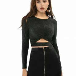 Women Allegra K Long Sleeve Crew Neck Cut Out Glitter Cross Crop Tops