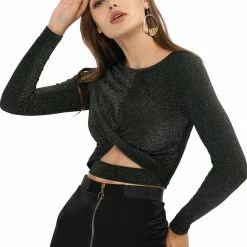 Women Allegra K Long Sleeve Crew Neck Cut Out Glitter Cross Crop Tops