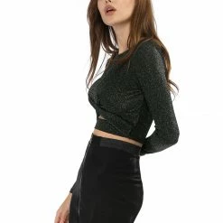 Women Allegra K Long Sleeve Crew Neck Cut Out Glitter Cross Crop Tops