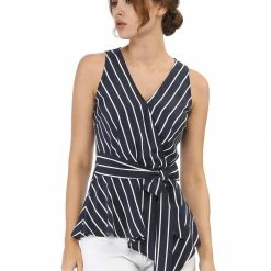 Allegra K Diagonal Stripes Tie Waist Wrap Top Women