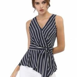 Allegra K Diagonal Stripes Tie Waist Wrap Top Women