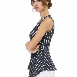Allegra K Diagonal Stripes Tie Waist Wrap Top Women