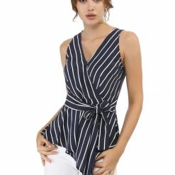 Allegra K Diagonal Stripes Tie Waist Wrap Top Women