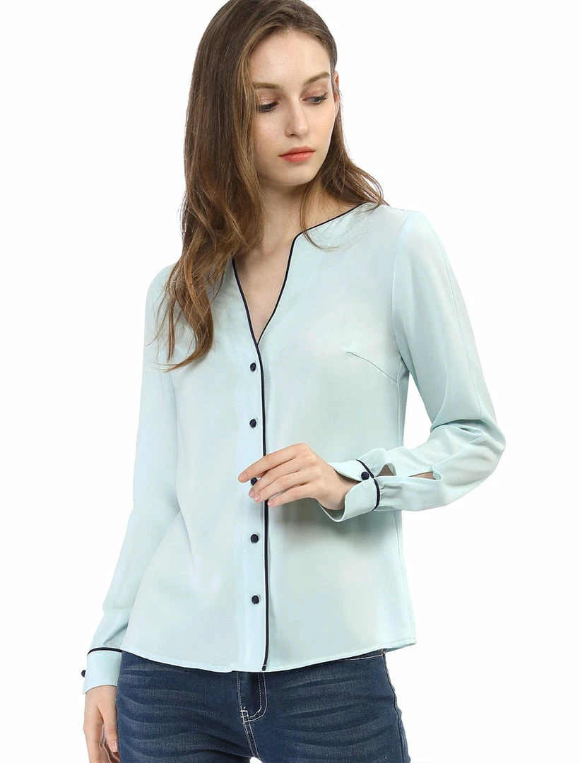Women Allegra K Button Down Contrast Trim V Neck Long Sleeves Blouse 4 Women Allegra K Button Down Contrast Trim V Neck Long Sleeves Blouse