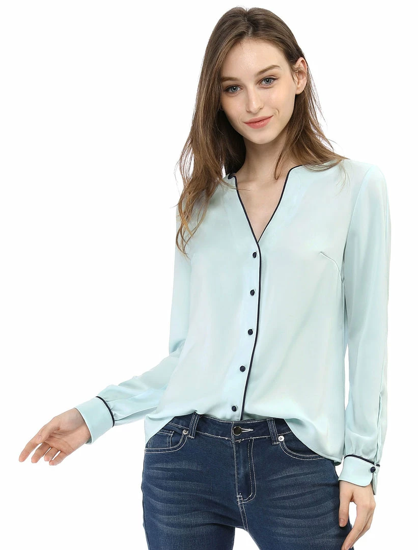Women Allegra K Button Down Contrast Trim V Neck Long Sleeves Blouse 5 Women Allegra K Button Down Contrast Trim V Neck Long Sleeves Blouse