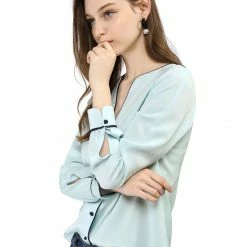 Women Allegra K Button Down Contrast Trim V Neck Long Sleeves Blouse 35 Women Allegra K Button Down Contrast Trim V Neck Long Sleeves Blouse