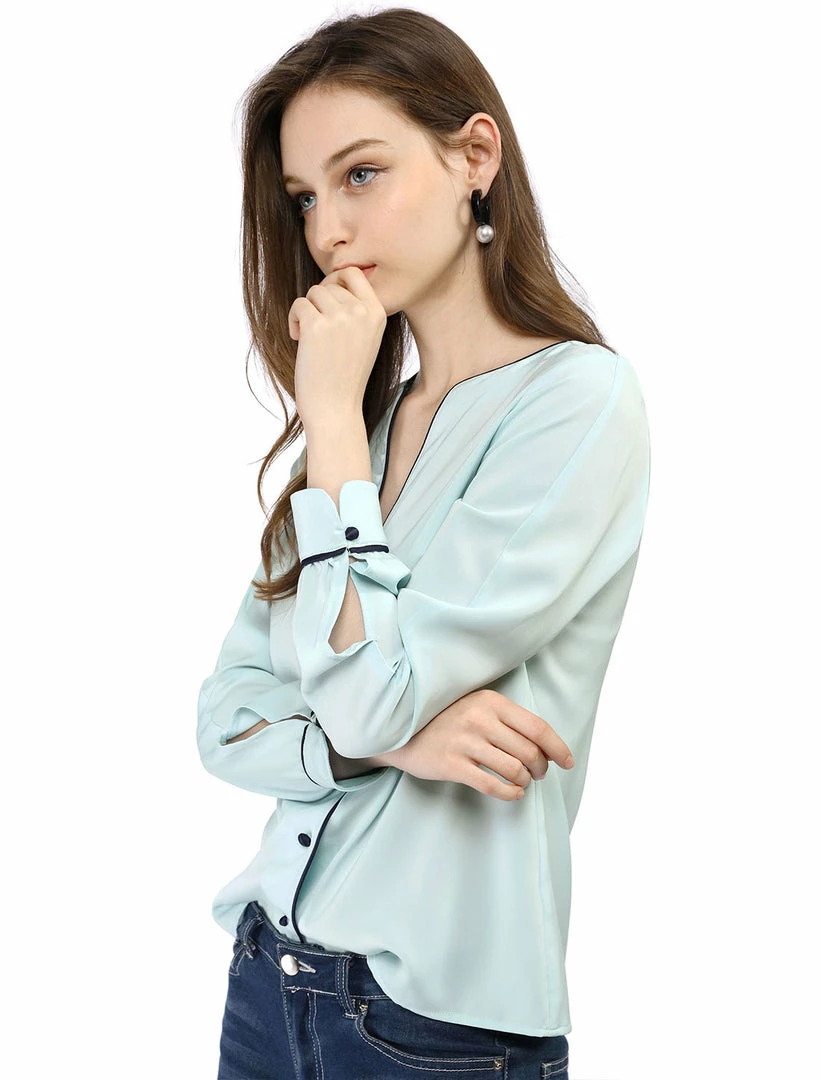 Women Allegra K Button Down Contrast Trim V Neck Long Sleeves Blouse 6 Women Allegra K Button Down Contrast Trim V Neck Long Sleeves Blouse