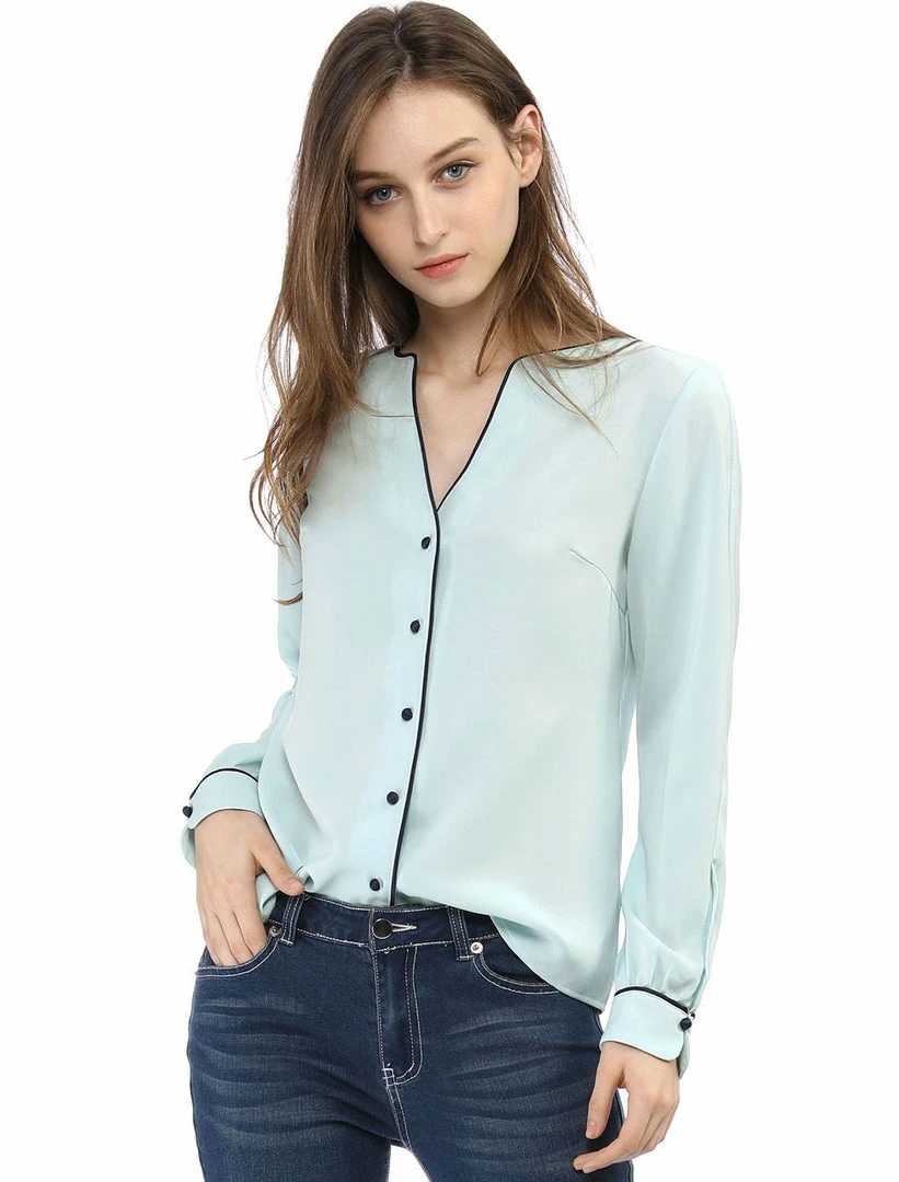 Women Allegra K Button Down Contrast Trim V Neck Long Sleeves Blouse 3 Women Allegra K Button Down Contrast Trim V Neck Long Sleeves Blouse