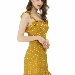 Allegra K Polka Dot Sleeveless Ruffle Tie Mini Dress Women