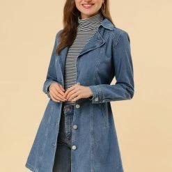 Women Allegra K Notched Lapel Single Breasted Denim Trench Coat