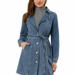 Women Allegra K Notched Lapel Single Breasted Denim Trench Coat