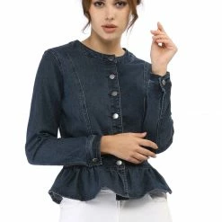 Allegra K Round Collar Peplum Denim Jacket