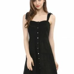 Allegra K Women's Strap Button Down Faux Suede A-Line Mini Overall Dress