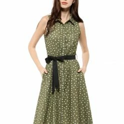 Allegra K Sleeveless Polka Dot Midi Shirt Dress Women