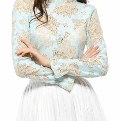 Allegra K Women‘s Chroect Lace See Through Floral Color Block Blouse