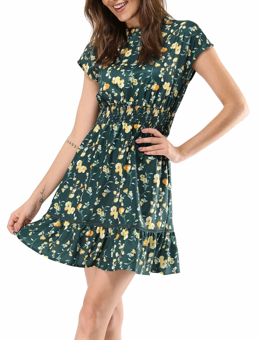 Allegra K Floral Cap Sleeve Smock Waist Skater Dress 3 Allegra K Floral Cap Sleeve Smock Waist Skater Dress