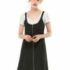 Allegra K Women's Zip Front Straight Bib Pinafore Short Overall Dress