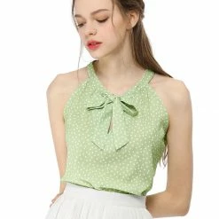 Allegra K Polka Dot Bow Tie Neck Tank Sleeveless Halter Tops