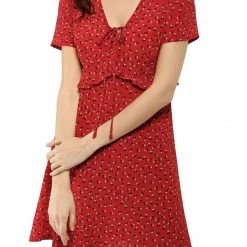 Allegra K Floral Bow Tie V Neck Shorts Sleeves Ruffle Dress Women