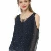 Women Allegra K Semi Sheer Tie V Neck Star Cold Shoulder Blouses