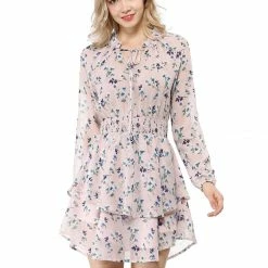 Allegra K Floral Printed Ruffled Tie V Neck Smocked Waist Dress