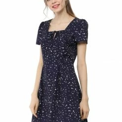 Allegra K Star Print Casual Square Neck Short Sleeve A-Line Dress