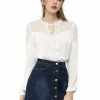 Women Allegra K Elegant Long Sleeve Lace Panel Keyhole Strap Chiffon Blouse