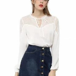 Women Allegra K Elegant Long Sleeve Lace Panel Keyhole Strap Chiffon Blouse