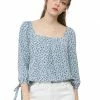 Allegra K Women's Tie Cuffs 3/4 Sleeves Square Neck Floral Blouse