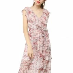 Allegra K Floral Print Sleeveless Belted Dress Women