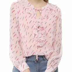 Allegra K Ruffled V Neck Lined Chiffon Printed Blouse